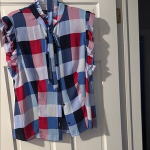 Colorful Checkered Ruffle Sleeve Blouse